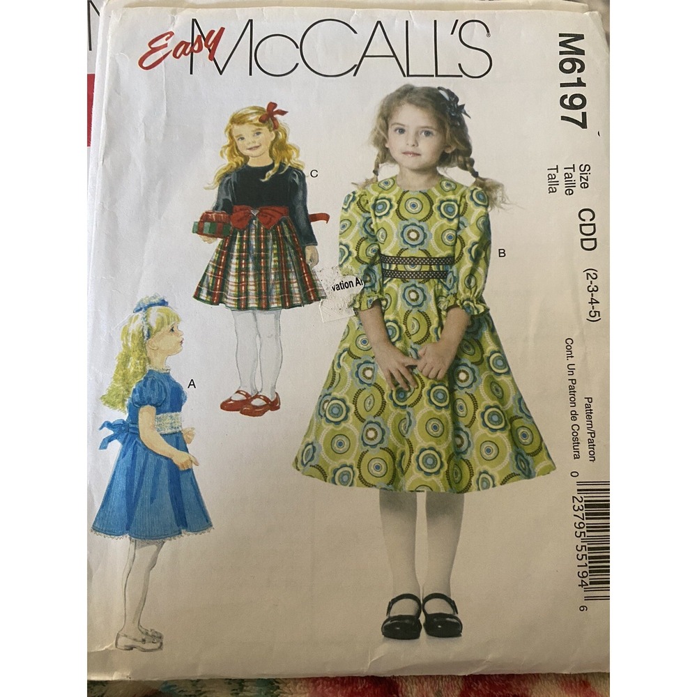 2010 McCalls Toddler Girls Sewing Pattern 6197 Dress Size 2-5 Uncut M6197